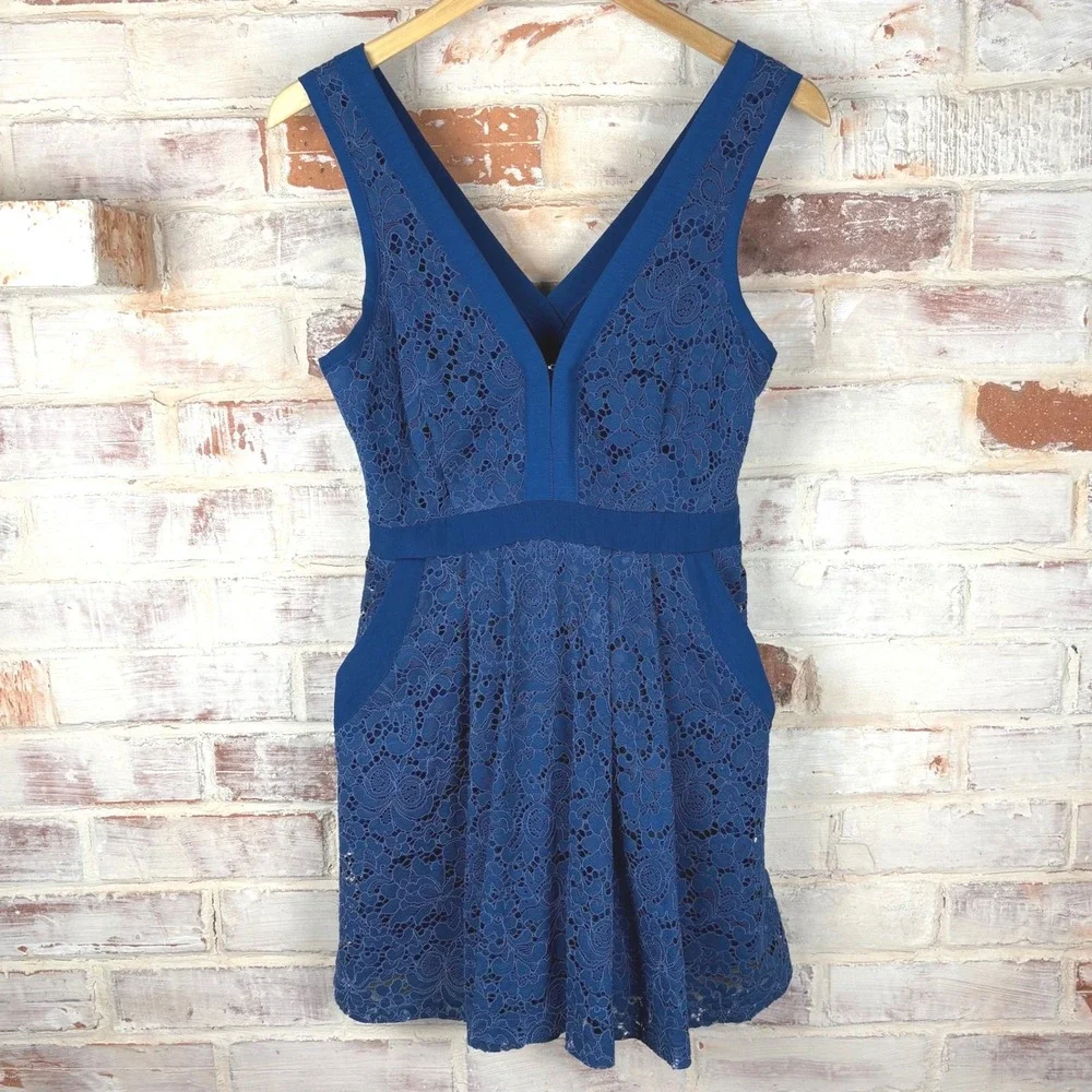 Free People Lovely in Lace Cobalt Mini Dress XS V-Neck Crossover Keyhole Pockets